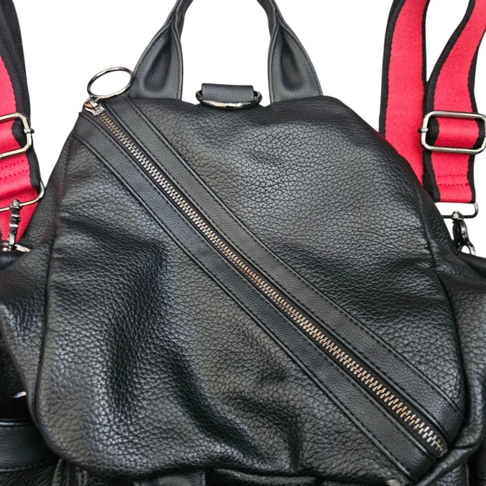 Like Dreams Black‎ Sideways Zip Backpack Vegan Leather Red Straps